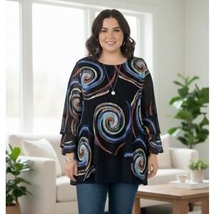Caleesa Blouse Womens 1X Multi Color Lace Swirl Print‎ Tiered Bell Sleeve Top